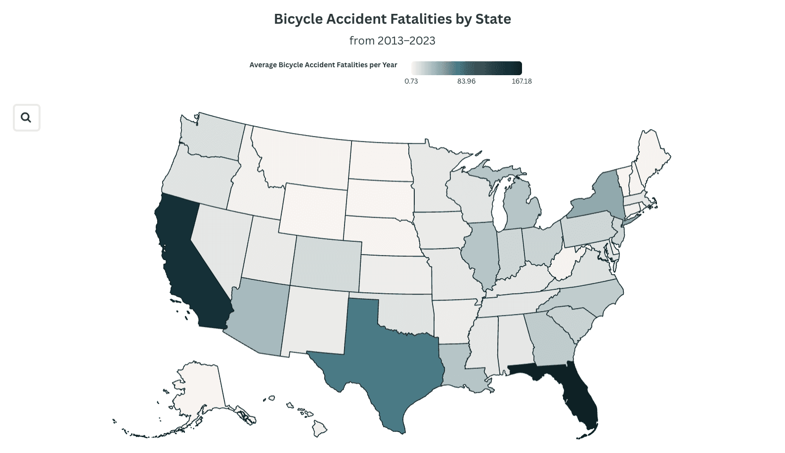 A heatmap reading "Bicycle Accident Fatalities by State from 2013–2023," showcasing key bicycle accident statistics in the U.S.